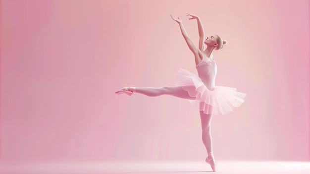 Foto una graciosa bailarina con un tutu rosa está en posición sobre una pierna con los brazos extendidos lleva zapatillas de ballet rosas y su cabello está en un pan.