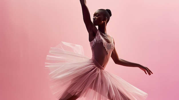 Una graciosa bailarina con un tutu rosado está bailando sobre un fondo rosado ella está en equilibrio y elegante con los brazos extendidos y la pierna extendida