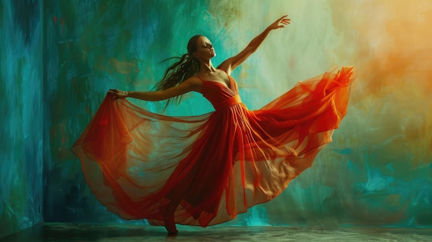 Graciosa bailarina con un vestido fluido realizando una elegante postura de ballet con belleza y equilibrio en el escenario AIG58