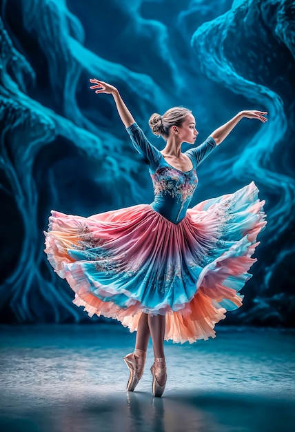 Graciosa e bela bailarina de balé moderna ballerina em um vestido longo e uma delicada coroa de flores