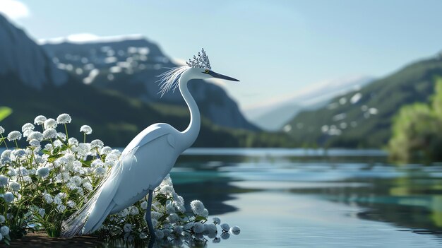 Foto una graciosa garza blanca se encuentra regalmente en las aguas poco profundas de un lago su elegancia es realzada por la delicada tiara de flores que lleva