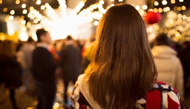 Graciosa mulher esbelta em elegante vestido longo braços levantados em meio a festas de Ano Novo