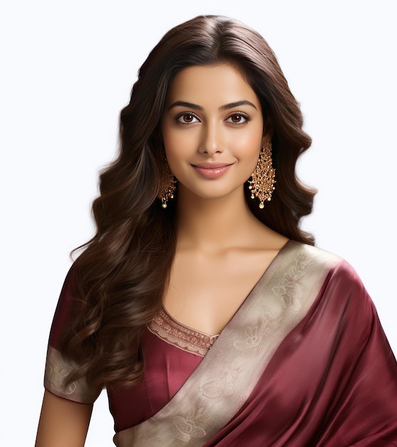 Graciosa mulher indiana com olhos marrons saree prateados zari e sorriso simbolizando elegância