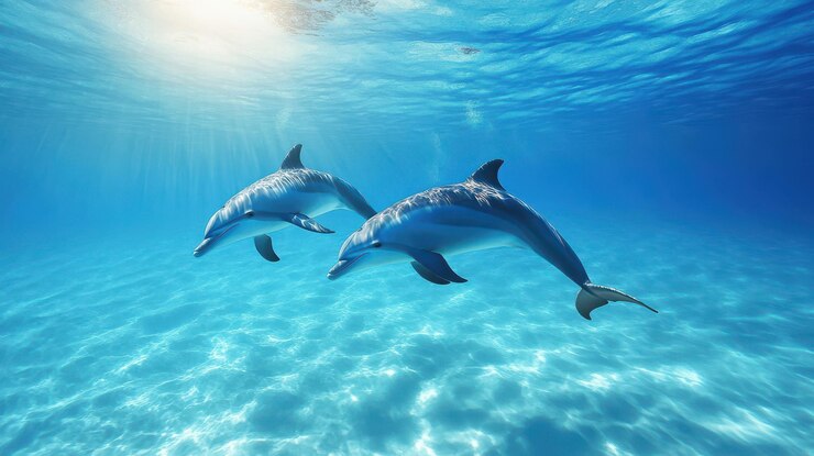 Una graciosa pareja de delfines nadando juntos en el mar azul claro mostrando interacciones lúdicas y vínculos en medio de un paisaje submarino iluminado por el sol