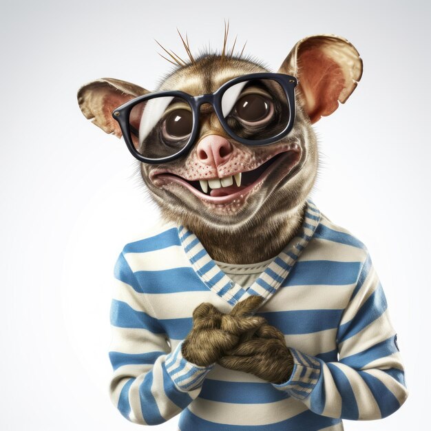 Graciosa rata muscosa de dibujos animados con suéter a rayas y gafas