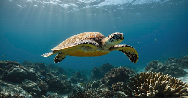 Graciosa tortuga verde que se desliza por las aguas del océano