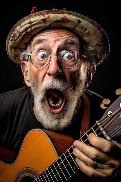 Gracioso anciano loco mirada sorprendida tocando la guitarra