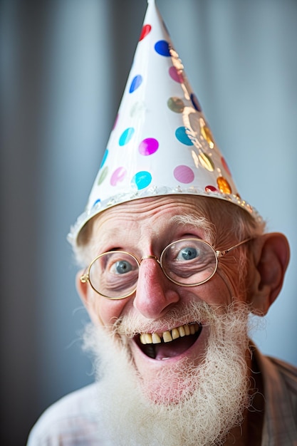 Gracioso anciano sonriente con un gorro de fiesta puntiagudo