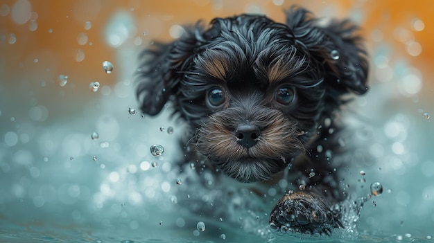 Un gracioso cachorro de Maltipoo se está divirtiendo salpicando en el agua de la piscina en verano