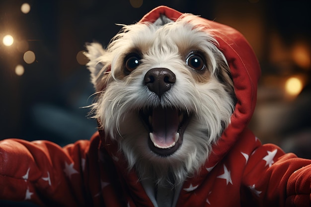 Un gracioso cachorro peludo blanco con una sudadera roja con estrellas blancas extiende sus patas de sorpresa