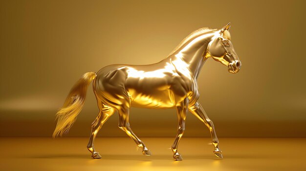 Foto gracioso cavalo dourado em movimento isolado em um fundo dourado renderização 3d