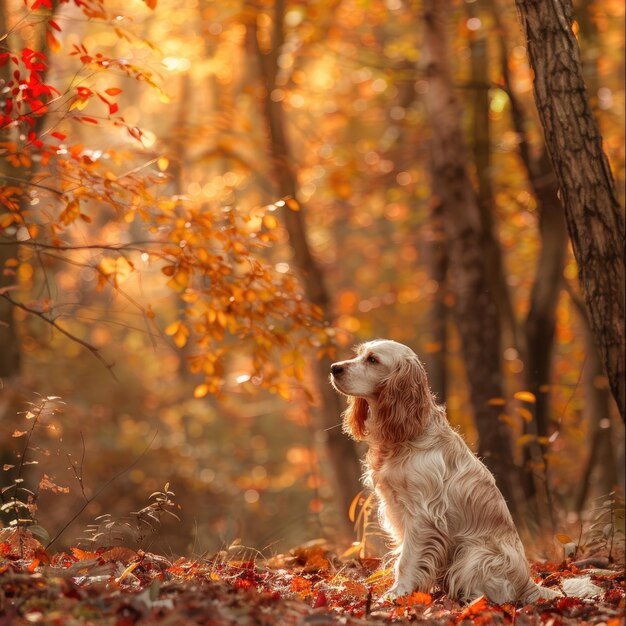 El gracioso Clumber Spaniel sentado en un denso bosque