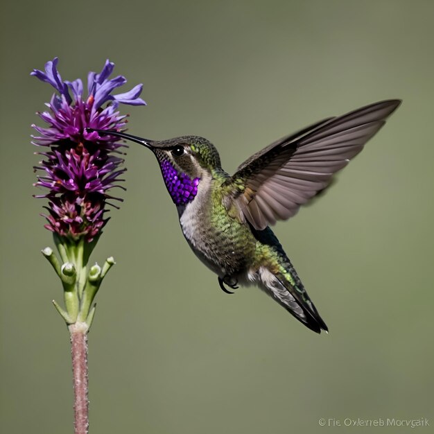 Foto el gracioso colibrí volador y la flor púrpura