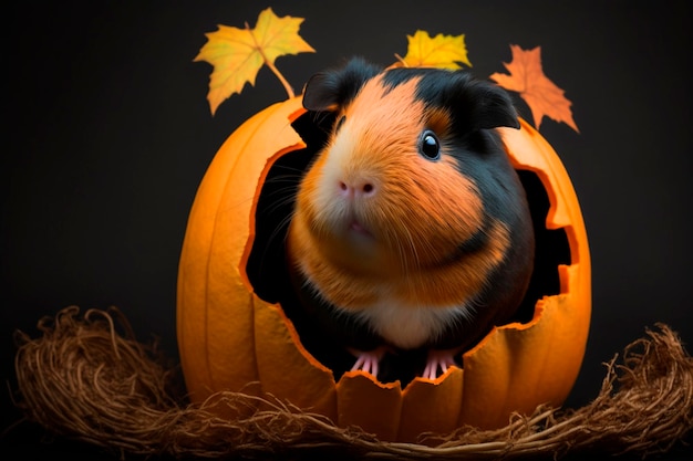 Gracioso conejillo de indias se sienta en la calabaza de Halloween y mordisquea