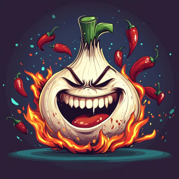 Gracioso dibujos animados de ajo con lengua en el fondo de fuego Ilustración vectorial
