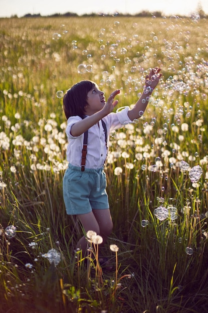 Gracioso, feliz, un hermoso niño se para en un campo con dientes de león blancos al atardecer en verano, las burbujas de jabón están volando