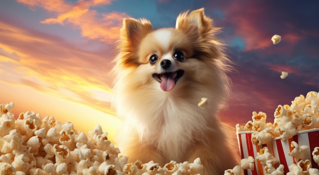 Foto gracioso y feliz perro spitz esponjoso rodeado de una gran cantidad de sabrosas palomitas de maíz cerca de cubos de palomitas de maíz