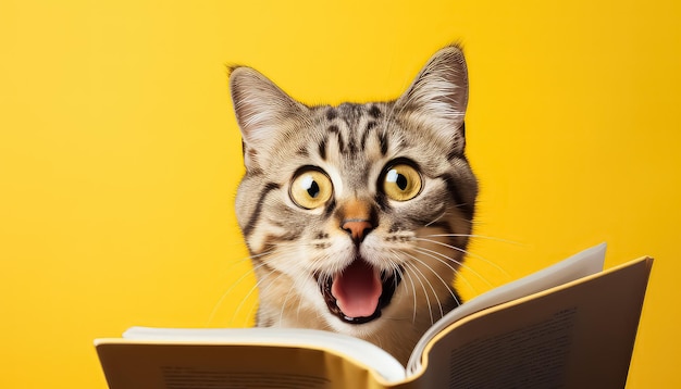 Gracioso gato asombrado usa anteojos con libro sobre fondo amarillo