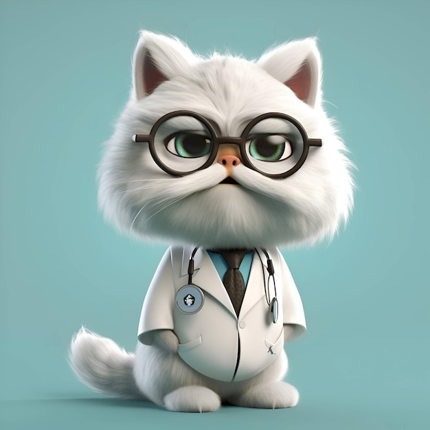 Foto gracioso gato de dibujos animados con estetoscopio y gafas renderización 3d