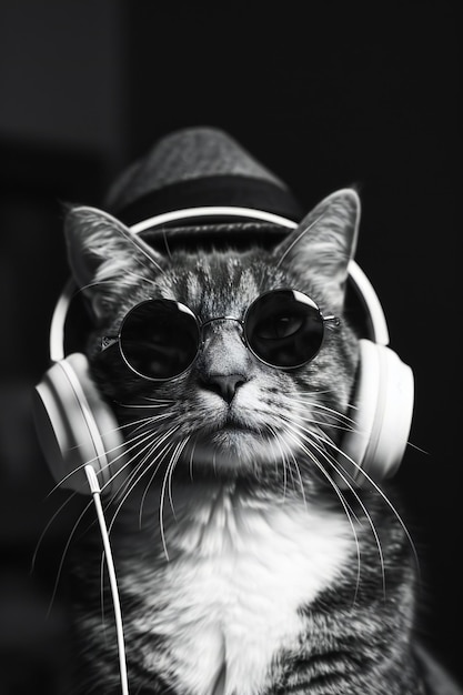 Gracioso gato hipster con un sombrero de moda y gafas vintage Vertical