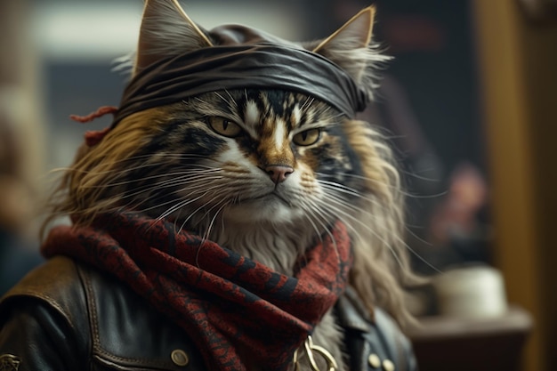 Gracioso gato rockero hippy mascota animal AI generativa