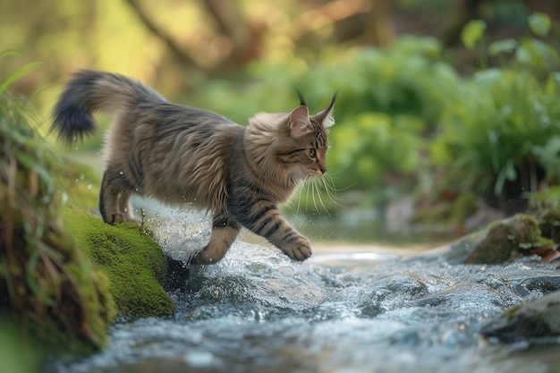 El gracioso gato tabby cruzando un arroyo del bosque