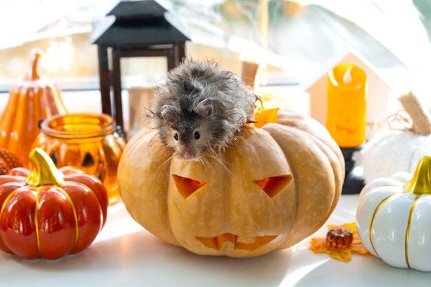 Gracioso hámster peludo y esponjoso se sienta dentro de una calabaza en el agujero redondo recortado y mastica calabaza en una decoración de Halloween entre guirnaldas, linternas, velas, Festival de la Cosecha