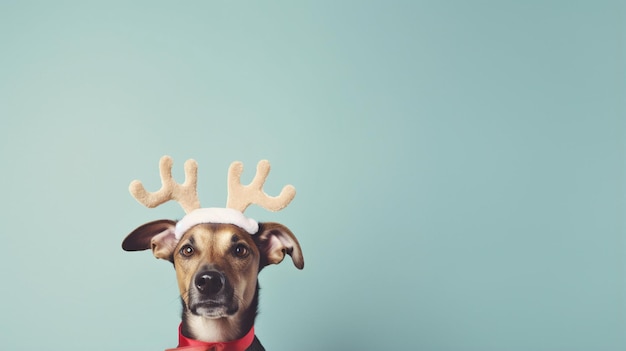 Gracioso hermoso perro con disfraz de ciervo navideño