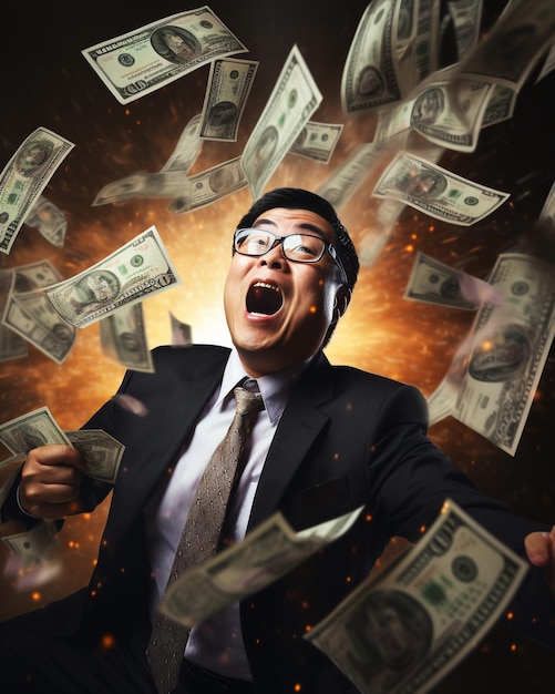 El gracioso hombre de negocios asiático gritando con dinero.