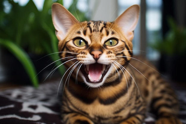 Foto el gracioso juego de un gato de bengala sonriente generativo por ai