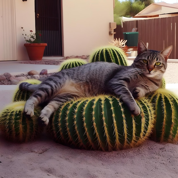 Gracioso lindo gato sentado en cactus