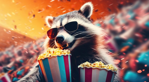 Gracioso lindo mapache feliz sostiene cubos de palomitas de maíz en gafas oscuras en el cine