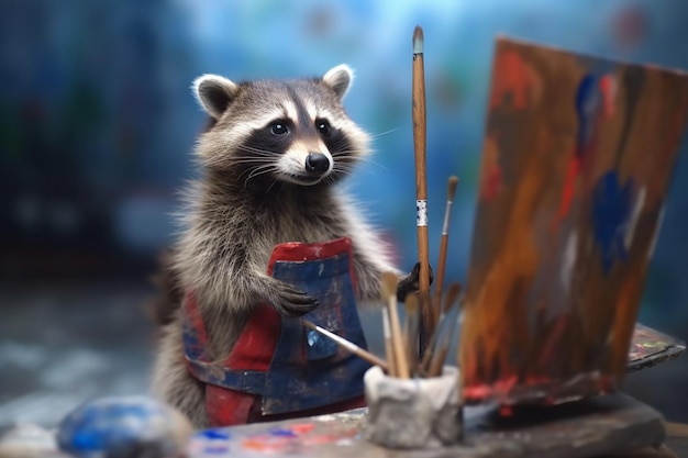 Foto un gracioso mapaches equipado con un pincel y pintura como un pintor creativo generado por la ia
