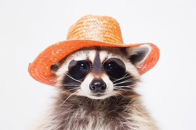 Un gracioso mapaches de fiesta con un colorido sombrero de verano y elegantes gafas de sol de fondo blanco generado por IA