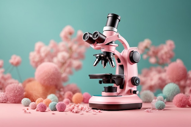 Gracioso microscopio ultra suave aislado sobre fondo rosa colores pastel cartel colorido y pancarta dibujos animados estilo aire mínimo ilustración 3d