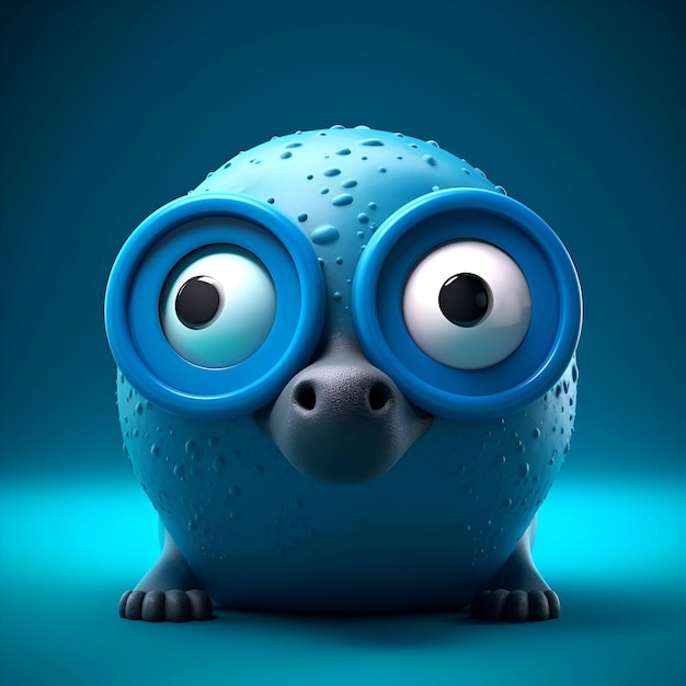 Gracioso monstruo azul con grandes ojos sobre fondo azul renderizado 3D