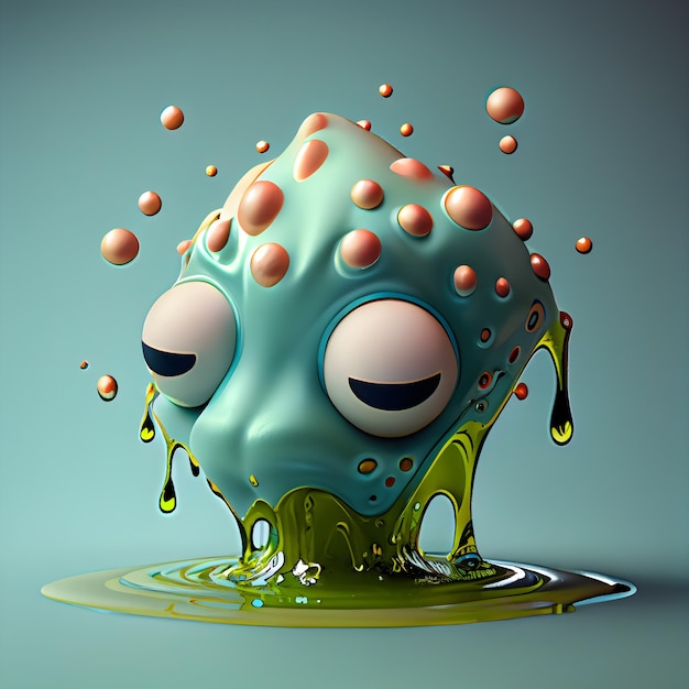 Gracioso monstruo verde con ojos y boca 3d render ilustración