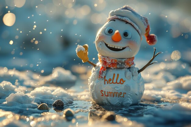 Un gracioso muñeco de nieve en la naturaleza con la inscripción "Hola verano" en él
