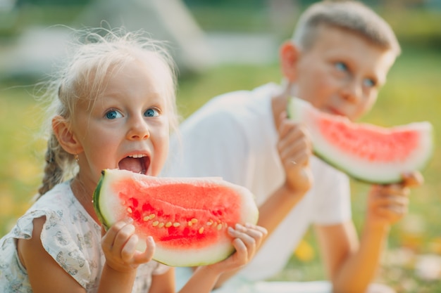 Gracioso niño pequeño niños hermano y hermana comiendo sandía en el parque. Niño y niña felices juntos. Infancia, familia, concepto de dieta saludable.