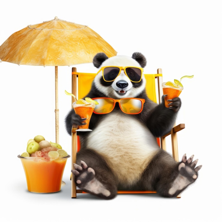 Foto gracioso oso panda con elegantes gafas de sol sosteniendo un vaso