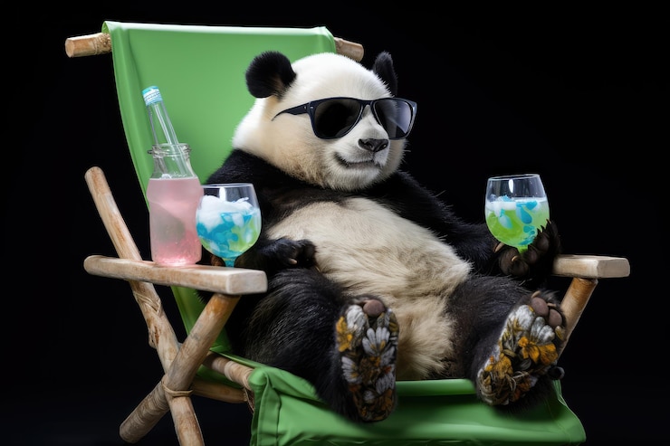 Foto gracioso oso panda con elegantes gafas de sol sosteniendo un vaso