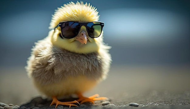 Gracioso pequeño pollito amarillo con gafas de sol sobre fondo colorido IA generativa