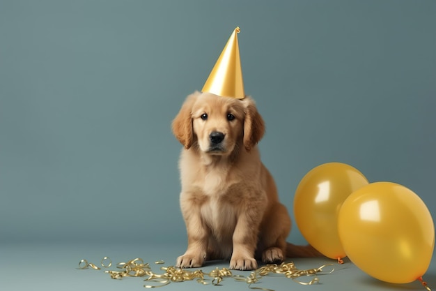 Gracioso perro golden retriever con gorra de cumpleaños IA generativa