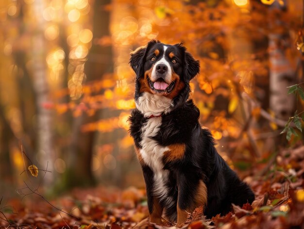 El gracioso perro de montaña bernese se relaja en un acogedor entorno de guarida