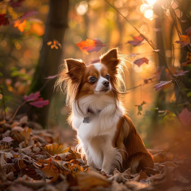 El gracioso perro papillon sentado en un bosque exuberante