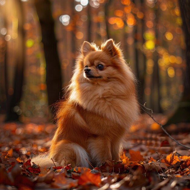 El gracioso pomerano posando serenamente en un bosque exuberante