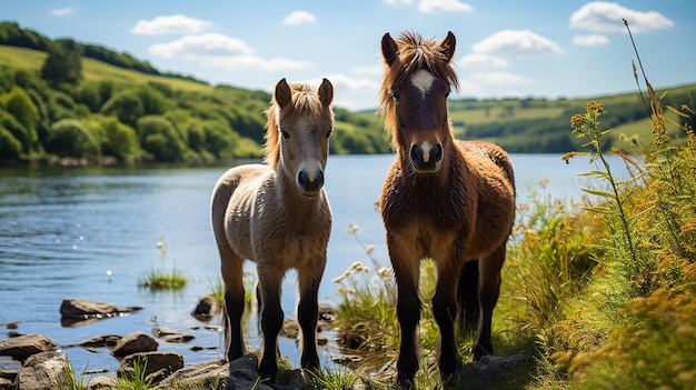 El gracioso poni de Exmoor en el Parque Nacional del Lago Wimbleball Exmoor