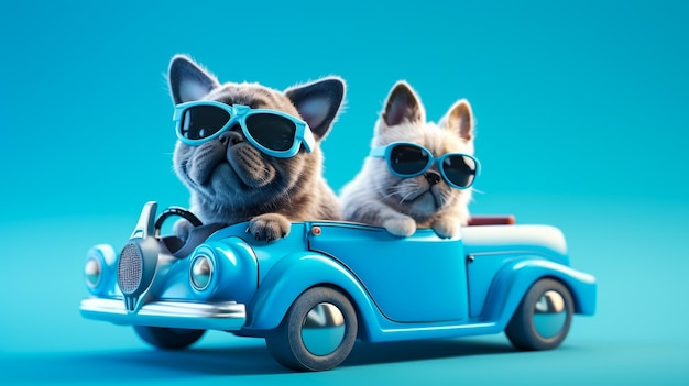 Gracioso pug perro y gato con gafas de sol en coche de juguete sobre fondo azul claro