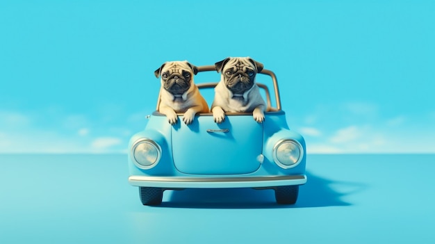 Gracioso pug perro y gato con gafas de sol en coche de juguete sobre fondo azul claro