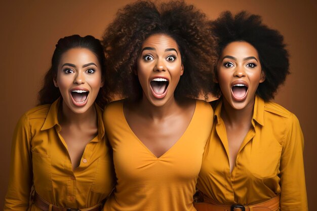 Gracioso retrato de tres mujeres sorprendidas mirando la cámara manteniendo la boca abierta